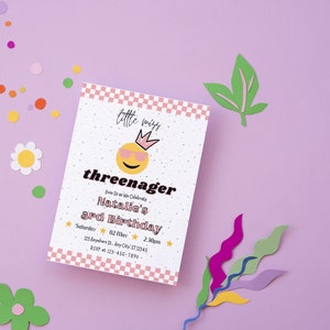 Little Miss Threenager, Girl Third Birthday Invitation Template, Smiley Face, Pink Birthday, Instant Download, Digital Download, Three