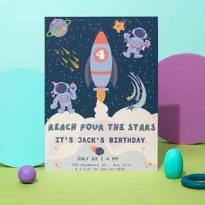 Reach Four The Stars Invitation, 4 Year Old Birthday Party, Boy Space Party Invitation 4th, Invitation, Evite Download, Digital Download