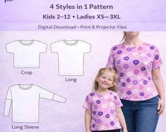 Drop Shoulder Knit Top Sewing Pattern PDF | Projector File | Kids 2–12 and Women XS–3XL | 2 Sleeve Options | Crop and Long