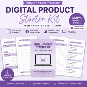 May include: A digital product starter kit template with a purple and white design. The kit includes templates for a monthly budget, expense tracker, product ideas, and a launch checklist. The text includes "Plan, Create, Sell, Grow" and "Editable in Canva".