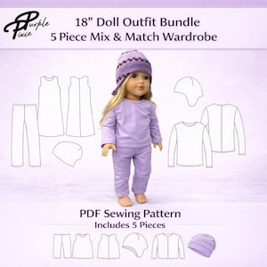 18 Inch Doll Clothes Sewing Pattern Bundle Shirt Pants Dress Beanie Toque PDF Projector and Letter Print Files