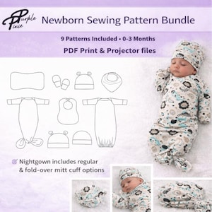 Newborn Sewing Pattern Bundle PDF – 2 Nightgowns, Beanie, Mitts, Bib & Burp Cloth – 0–3M Baby Digital Download