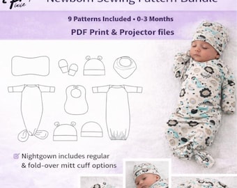 Newborn Sewing Pattern Bundle PDF – 2 Nightgowns, Beanie, Mitts, Bib & Burp Cloth – 0–3M Baby Digital Download