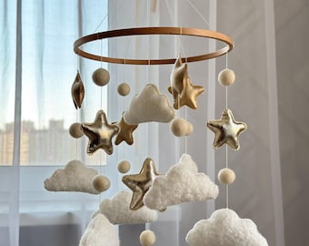 Boucle Cloud Baby Mobile, Gold Star Nursery Mobile, Gender Neutral Crib Mobile, Fluffy Clouds Nursery Decor, Unique Baby Shower Gift