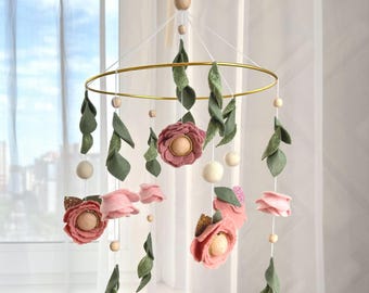 Delicate Flower Baby Mobile, Blush Pink Rose Mobile for Baby Girl, Nursery Hanging Decor, Unique Floral Nursery, Gift for New Mom