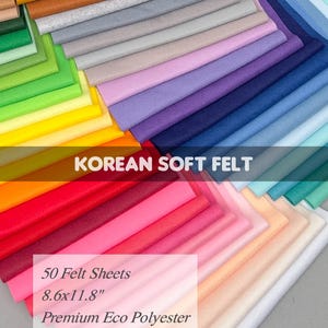 50 Colors Korean Soft Felt Sheets – 1.2 mm Thick, 22x30 cm (8.6x11.8”) – Eco Polyester Felt for Crafts, Dolls, Toys, Flowers, DIY Projects
