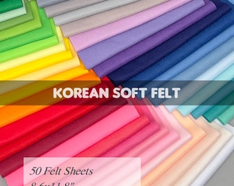 50 Colors Korean Soft Felt Sheets – 1.2 mm Thick, 22x30 cm (8.6x11.8”) – Eco Polyester Felt for Crafts, Dolls, Toys, Flowers, DIY Projects
