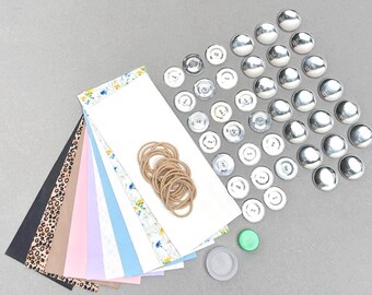 DIY Fabric Covered Button Kit 28mm 44L | Hair Elastic Making Kit with Hand Press Tool | Eco Leather & Patterned Felt Craft Set, 20 Pcs