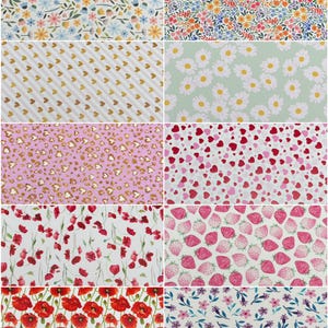 May include: A collection of patterned fabrics featuring floral, heart, and animal print designs. The fabrics showcase a variety of colors, including pink, red, gold, and blue. The patterns include daisies, strawberries, and poppies.