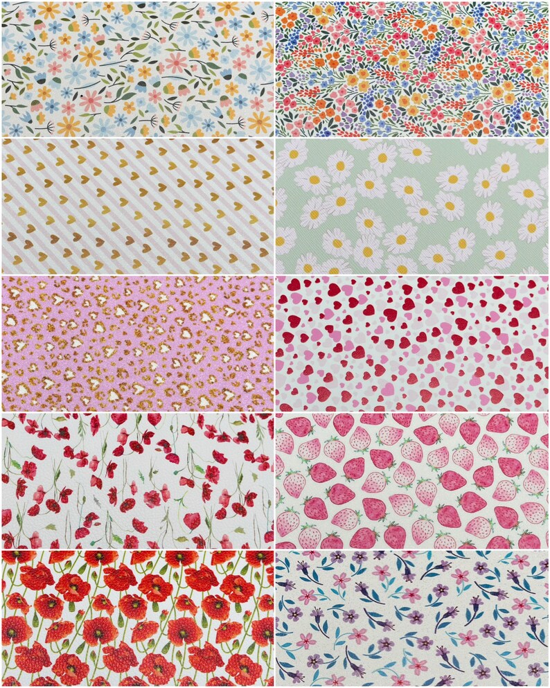 May include: A collection of patterned fabrics featuring floral, heart, and animal print designs. The fabrics showcase a variety of colors, including pink, red, gold, and blue. The patterns include daisies, strawberries, and poppies.