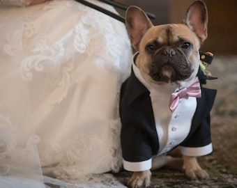 Black dog tuxedo with dusty pink bow tie French bulldog tuxedo Formal dog suit Birthday dog costume Bespoke dog suit