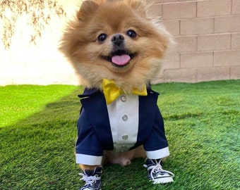 Navy blue dog tuxedo with yellow bow tie Dog wedding attire Formal dog suit Pomeranian dog tuxedo dog coat Birthday dog costume Custom