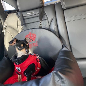 Gepersonaliseerd autostoeltje in zwart en rood Drijfpakket voor hond Designer autostoeltje Luxe hondenmand voor op reis Custom kunstleer autostoeltje voor honden