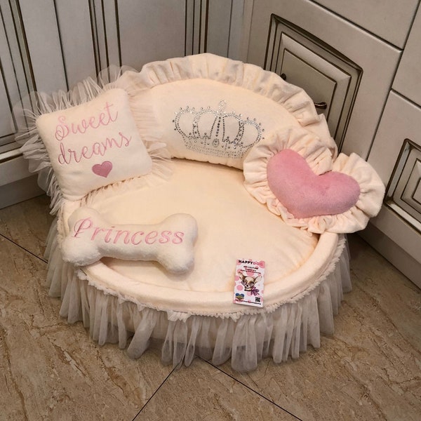 Cream and baby pink princess dog bed with crown sparkles Designer pet bet Cat bed Medium or small dog bed in baby pink and ivory Puppy bed