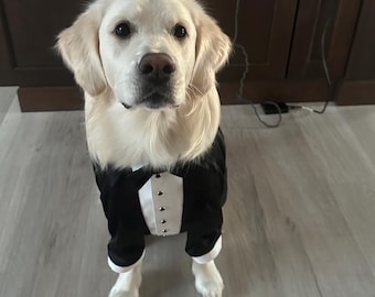 Zwart satijnen hondenkostuum, custom fit, trouwpak, vlinderdas, formele outfit voor huisdier