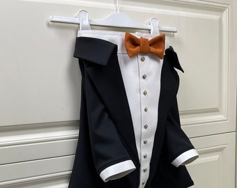 Black dog tuxedo with terracotta bow tie Custom dog wedding costume Formal dog suit English bulldog bespoke tuxedo Birthday dog suit