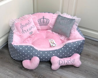 Polka grigia e baby rosa designer letto per cani Princess dog bed Letto per cani su misura Piccolo letto per cani Letto per cani personalizzato Letto per bambini Letto rosa per cani