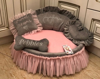 Gray and baby pink princess dog bed with crown sparkles Designer pet bed Cat bed Medium or small dog bed in grey Personalized puppy bed