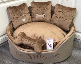 Beige and brown personalized dog bed Brown royal dog bed Designer pet bed Cat bed Custom made dog bed Vegan leather dog bed