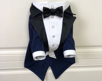 Navy Dog Tuxedo: Handmade Wedding Outfit with Black Satin Bowtie