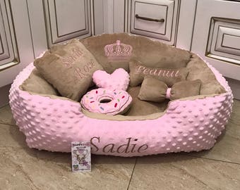 Pink and  beige designer pet bed with personalised dog toy Custom made dog bed Pink bed for dog Pink and brown puppy bed S M dog bed