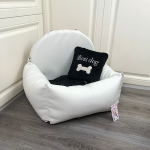 Witte en zwarte gepersonaliseerde hondenautostoelEco leren hondenrijset Designer hondenautostoel Luxe hondenmand voor op reis Custom hondenautostoeltje