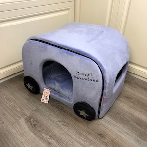 Lavendel hond caravan met wielen Aangepaste luxe hond auto bed Designer hondenmand Gepersonaliseerde hondenhuis Hond rijden kit Verjaardag hond cadeau