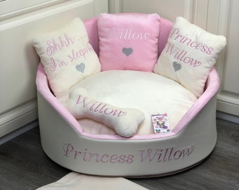 Cream and baby pink luxury dog bed Pink personalized dog bed Designer pet bed Cat bed Custom made dog bed Faux leather dog bed