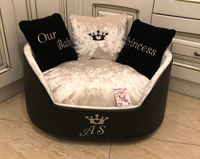 Luxury Crushed Velvet Dog Bed in Ivory and Black Faux Leather Etsy