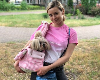 Bolsa de transporte para perros de cuadros rosas: bolsa pequeña de algodón para perros