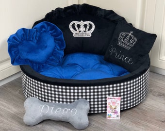 Navy blue and black tartan luxury dog bed with crown sparkles Designer pet bed Cat bed Personalized dog bed Custom made bed Birthday dog