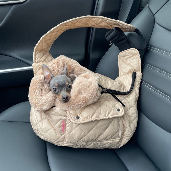 Porta perros con honda de diseño beige Bolsa para perros de invierno Portador suave para cachorros Portador de perros impermeable Bolso de mano para perros pequeños Portador de mascotas personalizado