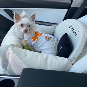 Cream and black personalized dog car seat Eco leather Dog driving kit Designer dog car seat Luxury dog bed for traveling Custom dog car seat