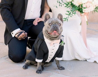 Black dog tuxedo with blush bow tie Dog wedding attire Formal dog suit Birthday dog costume Custom french bulldog tuxedo Luxury dog suit
