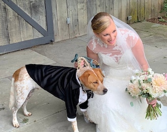 Custom Wedding Dog Tuxedo: Black Satin Formal Suit with Blush Bow