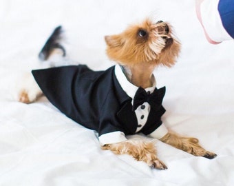 Black bespoke dog tuxedo Yorkshire costume Formal dog suit Special occasion evening outfit Swallow-tailed dog coat Birthday dog costume