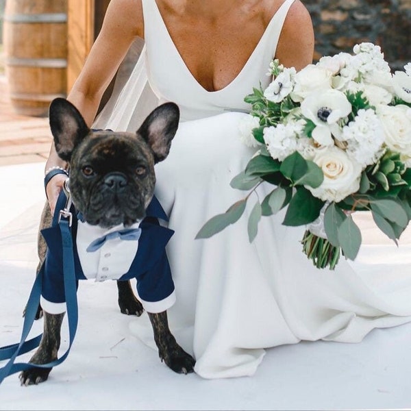 Navy blue dog tuxedo with blue bow tie Bespoke dog tux Dog wedding attire Formal dog suit Birthday dog costume French bulldog tuxedo