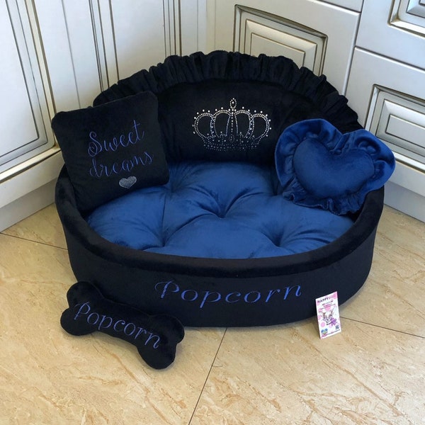 Black and navy blue luxury dog bed with crown sparkles Designer pet bed Cat bed Medium or small dog bed Personalized dog bed Custom made bed