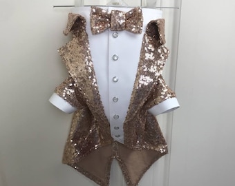 Golden beige sequins dog tuxedo Dog wedding attire Formal dog suit Swallow-tailed dog coat Birthday dog Custom made dog tux