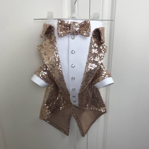 Golden beige sequins dog tuxedo Dog wedding attire Formal dog suit Swallow-tailed dog coat Birthday dog Custom made dog tux