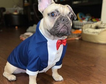 Navy blue dog tuxedo with red bow tie French bulldog wedding suit attire Formal dog suit S Birthday dog costume Custom dog suit