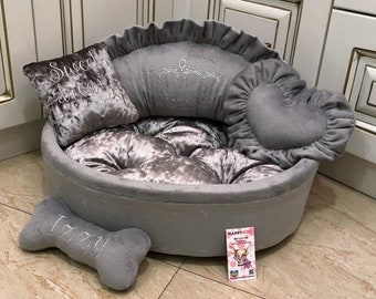Gray designer dog bed with crown rhinestones Personalized dog bed Designer pet bed Crushed velvet dog bed Puppy bed Luxury dog bed in gray