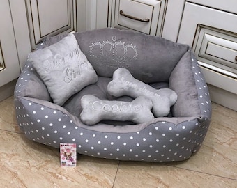 Gray polka dot dog bed Personalized dog bed Birthday dog bed  Custom made bed for cat Luxury dog bed Puppy bed Designer pet bed Male dog