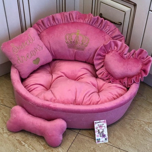 Pink Princess Dog Bed With Golden Embroidery Designer Pet Bed Etsy