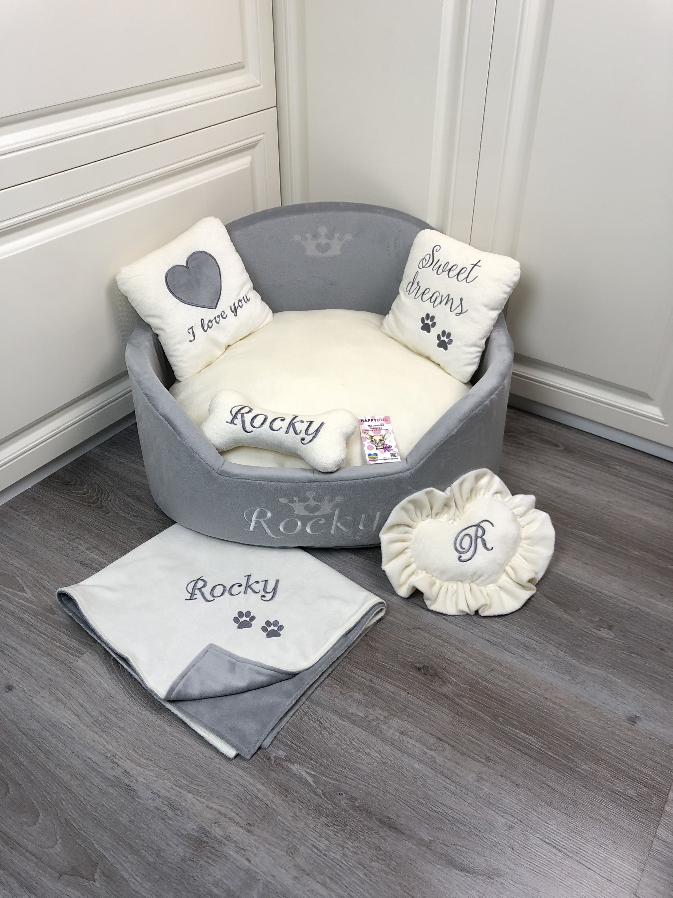 Gray and cream personalized dog bed Luxury dog bed Designer Etsy
