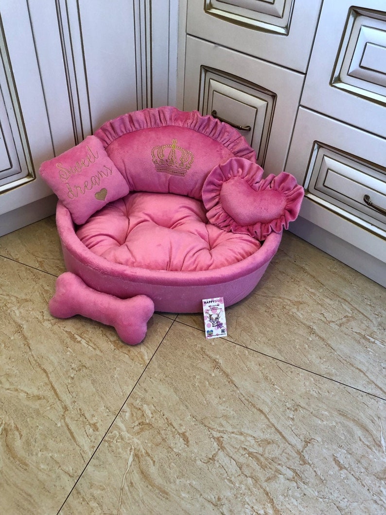 Pink Princess Dog Bed With Golden Embroidery Designer Pet Bed Etsy