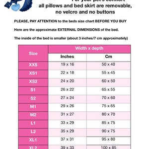 May include: A pink and white chart with a size guide for pet beds. The chart lists sizes from XXS to XL2, with corresponding measurements in inches and centimeters. The chart is titled "HAPPYDOG PET COUTURE Size Chart Bed" and includes the text "For your pet's comfort all pillows and bed skirt are removable, no velcro and no buttons".