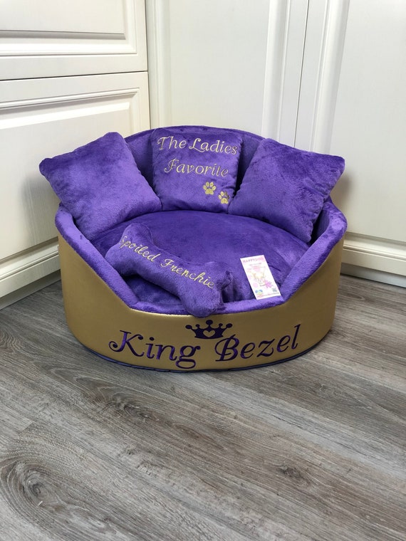 Golden and Purple Luxury Dog Bed Faux Leather and Navy Pet Bed Designer Pet  Bed Cat Bed Custom Made Dog Bed Personalized Bed Dog House 