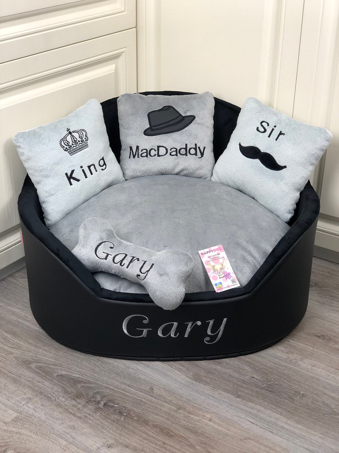 Black and Gray Personalized Dog Bed Faux Leather Pet Bed Etsy