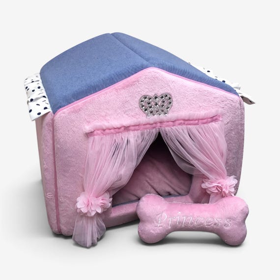 Pink & Blue Denim Dog House: Luxury Minky Fur Pet Bed - Etsy